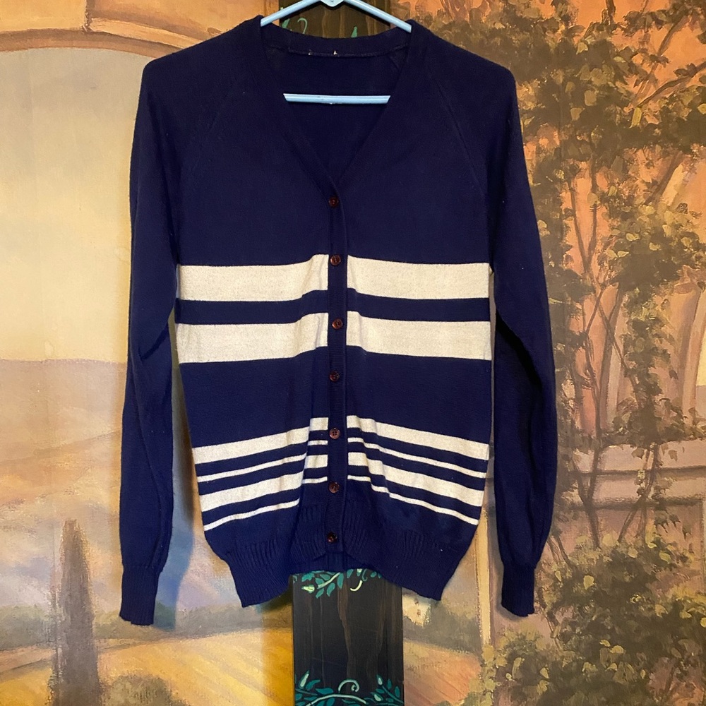Navy striped button up cardigan sweater - Picture 2 of 4